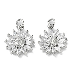 Платина Подвески из латуни с покрытием из прозрачного кубического циркония, долговечный, без кадмия и без свинца, с прыжковых колец, цветок, платина, 20x17x4 мм, отверстие : 4 мм