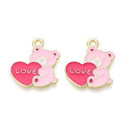 Ярко-Розовый Подвески из сплава с эмалью ко дню святого валентина, мишка с сердечками, золотые, ярко-розовый, 23x20x1 мм, отверстие : 2 мм