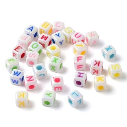 Mixed Color Opaque Acrylic Enamel Beads, Imitation Shell Effect, Cube with Letter, Mixed Color, 8x8x8mm, Hole: 3.5mm