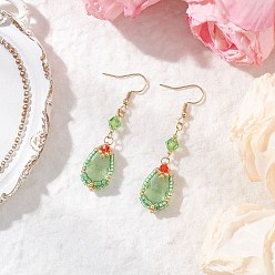 Светло-зеленый Серьги-капли из бисера ручной работы из стекла, золотые, светло-зеленый, 60x13~14 мм