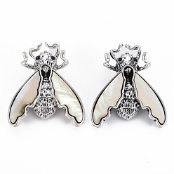 Floral White Natural White Shell Cicada Brooch, Alloy Lapel Pin with Loop for Jewelry Pendant, Cadmium Free & Lead Free, Antique Silver, Floral White, 44x37x13mm, Hole: 6.5x8.5mm, Pin: 0.7mm