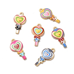 Mixed Color Alloy Enamel Pendants, Golden, Heart Lollipop Charm, Mixed Color, 24x12x2mm, Hole: 1.5mm