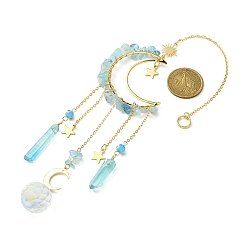 Aquamarine Moon & Star Brass Hanging Ornaments, Natural Aquamarine Chips and Glass Tassel Suncatchers, 300~308mm