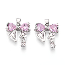 Платина Латунные микро проложить кубического циркония подвески, без кадмия, без никеля и без свинца, бантом, платина, 18x16.5x4~4.5 мм, отверстие : 4x2.5 мм