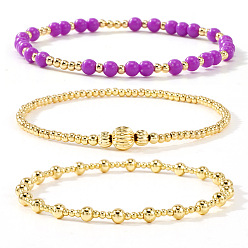 Фиолетовый 3Штукатурные браслеты из круглых бусин из стекла и латуни, эластичные., составные браслеты для женщин, золотые, фиолетовые, 6.50 дюйм (16.5 см) ~ 6.89 дюйм (17.5 см)