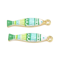 Green Printed Brass Pendants, Fish with Stripe Charms, Rack Plating, Long-Lasting Plated, Lead Free & Cadmium Free, Real 18K Gold Plated, Green, 33.5x7.5x3.5mm, Hole: 2.5mm