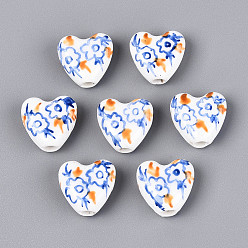 Васильковый Ручной фарфоровые керамические шарики, сердце с цветочным узором, Famille выросли стиле, васильковый, 15x15x7 мм, отверстие : 3 мм
