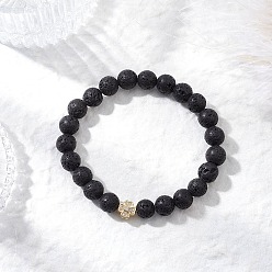 Лавовый камень Круглые бусины из натуральной лавы, эластичные браслеты, Браслеты из латунных бусин с микропаве из кубического циркония для женщин, внутренний диаметр: 2-1/8 дюйм (5.3 см)