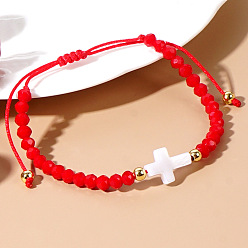 Красный Стеклянные бусины плетеные браслеты из бисера для женщин, крестик, с натуральной оболочкой и бумажной карточкой, красные, внутренний диаметр: 11 дюйм (28 см)