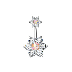 Цветок Латунное кольцо пупка с фианитом, 304 нержавеющая сталь 15 калибр изогнутые кольца для пресса, цвет нержавеющей стали, цветок, 7.6 мм, штифты : 1.6 мм