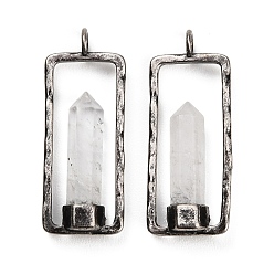 Quartz Crystal Natural Quartz Crystal Pendants, Rock Crystal Faceted Pointed Bullet Charms with Brass Rectangle Frame, Antique Silver, 42.5x17x6mm, Hole: 3.6mm