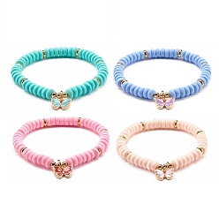 Mixed Color Butterfly Alloy Enamel Charm Bracelet for Teen Girl Women, Handmade Polymer Clay Beads Stretch Bracelet, Golden, Mixed Color, Inner Diameter: 2-1/4 inch(5.8cm)