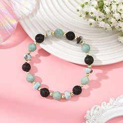 Amazonite Rondelle Natural Larimar & Round Natural Amazonite and Lava Rock Beaded Stretch Bracelets, Golden Plated, Inner Diameter: 2.32~2.48 inch(5.9~6.3cm)