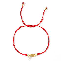 Красный Браслеты с подвесками из искусственного жемчуга, Регулируемые латунные браслеты из плетеных бусин для женщин, сердце, с волоконным шнуром, красные, 11.02 дюйм (28 см)