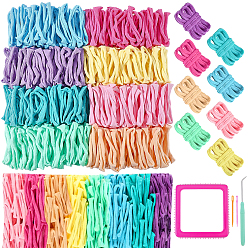 Couleur Mélangete 1 Machine à tresser les cordons élastiques en plastique carrés, métier à tricoter, avec un crochet en plastique et 2 aiguilles à laine, 800 ficelles élastiques en polyester, couleur mixte, 18.8x18.8x2.8 cm