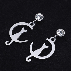 Stainless Steel Color 201 Stainless Steel Kitten Dangle Stud Earrings, with Clear Cubic Zirconia, Crescent Moon with Cat, Stainless Steel Color, 23mm, Pin: 0.8mm