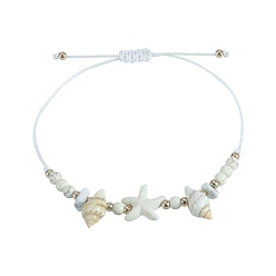 Белый Летние пляжные окрашенные синтетические бирюзовые морские звезды, плетеные браслеты из полиэстера с бусинами, регулируемые браслеты в форме ракушки в стиле бохо для женщин и мужчин, белые, периметр: 3-3/8~11-3/4 дюйм (8.5~30 см)