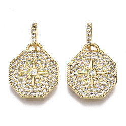 Golden Brass Micro Pave Cubic Zirconia Pendants, Octagon with Star, Nickel Free, Clear, Golden, 16.5x14x2.5mm, Hole: 1.5mm