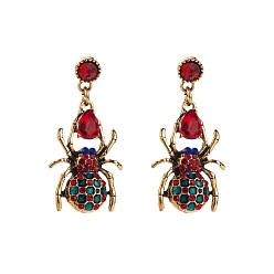 Красный Серьги-гвоздики из сплава и стеклянных страз, паук, золотые, красные, 40x20 мм