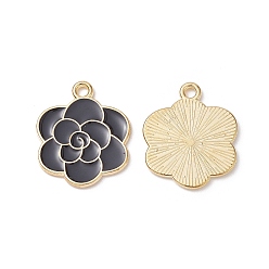Black Golden Tone Alloy Enamel Pendants, Flower Charm, Black, 20.5x17x1mm, Hole: 1.8mm