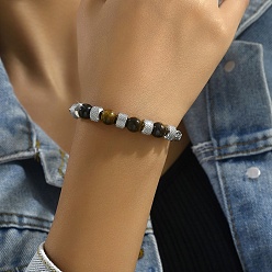 Тигровый глаз Браслеты из натуральных бусин тигрового глаза, браслеты из нержавеющей стали с цепочкой из пшеницы для мужчин и женщин, круглые, внутренний диаметр: 8-5/8 дюйм (22 см)