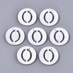 Letter O Natural Freshwater Shell Charms, Flat Round with Hollow Out Letter, Letter.O, 14.5x1.5mm, Hole: 0.9mm
