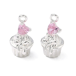 Бледно-Розовый Латунный кекс с инкрустацией кубическим цирконием и подвесками в виде сердечек., 925 серебро покрытием, розовый жемчуг, 15x8.5x9 мм, отверстие : 1.5~1.6 мм