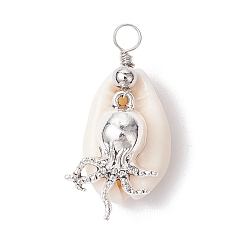 Осьминог Подвески из натуральной ракушки каури и сплава с морскими животными, морские подвески с петлями из медной проволоки, античное серебро, осьминог, 31x14x13 мм, отверстие : 3.3 мм