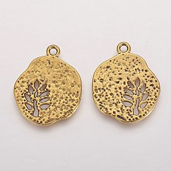 Antique Golden Tibetan Style Alloy Pendants, Cadmium Free & Lead Free, Flat Round with Leaf, Antique Golden, 22x18x1mm, Hole: 1mm