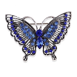 Синий Женская брошь-бабочка из сплава в стиле ретро со стразами, синие, 55x38 мм