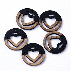 Black Resin & Walnut Wood Pendants, Ring with Heart, Black, 25x3mm, Hole: 1.8mm