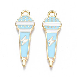 Небесно-голубой Подвески из эмали и сплава, без кадмия, без никеля и без свинца, золотой свет, микрофон с молнией, голубой, 29x9x1.5 мм, отверстие : 2 мм