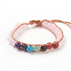 Розовый Кварц Браслеты из натурального розового кварца с бисером, натуральный и синтетический смешанный камень, с кожаным шнуром и застежками из сплава, ом символ, античное золото , 7-1/4 дюйм ~ 8-1/8 дюйм (18.5~20.5 см), 1 мм