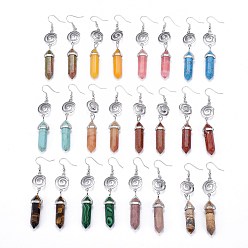 Mixed Stone Pointed Bullet Natural & Synthetic Mixed Gemstone Dangle Earrings, with Brass Earring Hooks and Vortex Links, Platinum, 77mm, Pin: 0.7mm