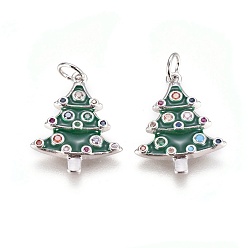 Платина Латунные микро проложить кубического циркония подвески, с эмалью и кольцом для прыжков, рождественская елка, зелёные, платина, 18.5x15x2 мм, отверстие : 3 мм