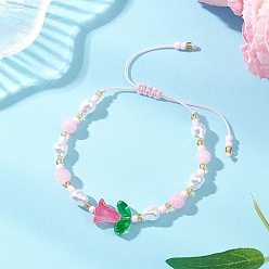 Pink Браслеты из натурального желтого нефрита и пластиковой имитации жемчуга, сплетенные в плетение, для женщин., цветок, с оплеткой нейлоновой нити, розовые, внутренний диаметр: 2.03~3.41 дюйм (5.15~8.65 см)