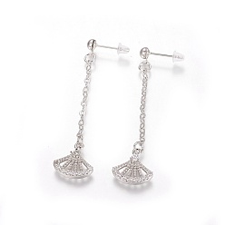 Platinum Brass Cubic Zirconia Stud Earrings, with Cable Chains, Fan Shape, Platinum, 55~57mm, Pin: 0.8mm