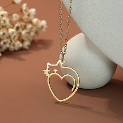 Золотой 201 Женские кулоны в форме сердца из нержавеющей стали с контуром кошки, золотые, 15.75 дюйм (40 см)
