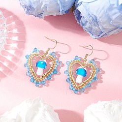 Темно-Голубой Серьги-подвески в форме сердца с грибом ручной работы в технике лэмпворк, с круглыми стеклянными бусинами класса А и подвесками из сплава с открытым оправой, гальванизированными стеклянными бусинами и 304 крючками для сережек из нержавеющей стали, золотые, глубокое синее небо, 45x31.5 мм