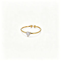 Clear Adjustable Birthstone 304 Stainless Steel Micro Pave Cubic Zirconia Cuff Open Rings, Heart, April, Golden, Clear, US Size 4 1/4(15~20mm)
