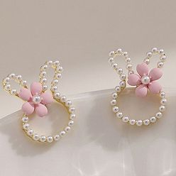 Pink Alloy Imitation Pearl Plastic Rabbit & Flower Stud Earrings for Women, Golden, Pink, 25mm