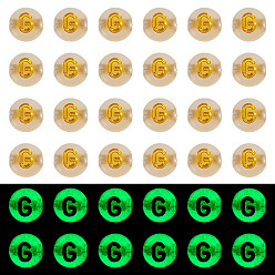Letter G 50G Luminous Transparent Acrylic Beads, Flat Round with Letter, Glow in the Dark, Golden Metal Enlaced, Letter G, 7x4mm, Hole: 1.8mm, about 370pcs/50g