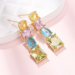 Настоящее золото 18K Прямоугольные серьги-гвоздики из латуни с микропаве и цирконием, стойки покрытие, долговечный, без кадмия и без свинца, реальный 18 k позолоченный, 32.5x8.5 мм