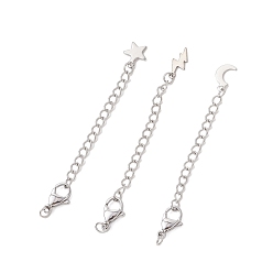 Нержавеющая Сталь Цвет 3шт 304 удлинители цепи из нержавеющей стали, с латунными прелестями, молния, луна и звезда, цвет нержавеющей стали, 80 мм