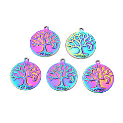 Rainbow Color Ионное покрытие (ip) 201 подвески из нержавеющей стали, плоские круглые с деревом, Радуга цветов, 29x25.5x2 мм, отверстие : 2 мм