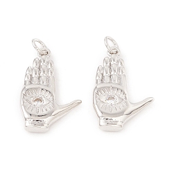 Платина Латунные микропаве прозрачные подвески с фианитом, с прыжковых колец, без кадмия и без свинца, долговечный, ладони с глаз, платина, 22x14x3 мм, отверстие : 3 мм