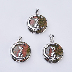 Унакит Кулоны с котятами из унакита, с латунной фурнитурой , плоский круглый с формой кота и полумесяца, платина, 32x27.5x10 мм, отверстие : 5x7 мм