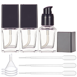Clear Glass Dispensing Pump Bottle, with PP Cover, Plastic Funnel Hopper and Pipettes, Rectangle, Clear, 32.5x32.5x85.5mm, Capacity: 15ml(0.5 fl. oz), 3pcs