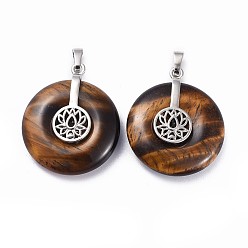 Тигровый глаз Природных тигровый глаз подвески, с латунной фурнитурой платинового цвета, пончик / пи диск с лотосом, 35.5x30x8.5~9.5 мм, отверстие : 4.5x6.5 мм