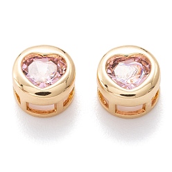 Pink Настоящие 18 многожильные звенья из позолоченной латуни с инкрустацией из кубического циркония, плоско-круглые с сердцем, на Рождество, розовые, 8x5.5 мм, отверстие : 3.2x2.2 мм